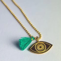 Collier Pendentif Long Plaqu&eacute; Or + Pompon - Oeil